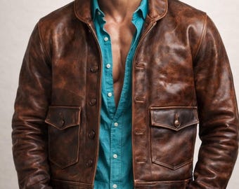 May include: A brown leather jacket with a classic design, featuring two front pockets and button closures. The jacket is worn over a turquoise button-down shirt. The leather has a distressed look, adding to its vintage appeal.