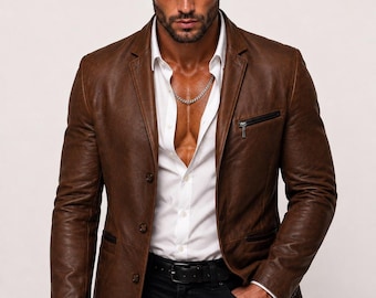 Cognac Brown Men’s Suede Leather Blazer, Slim Fit Handmade Leather Blazer Jacket, Luxury Designer Coat, Verynor