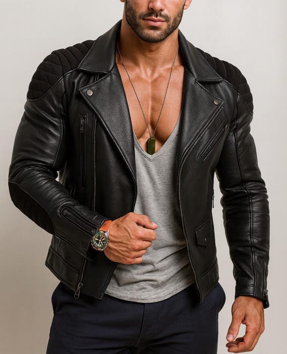 Men's Black Sheep Leather Biker Jacket - Slim Fit Moto Outerwear