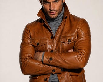 Handmade Cognac Sheep Leather Field Jacket - Men's Safari Style