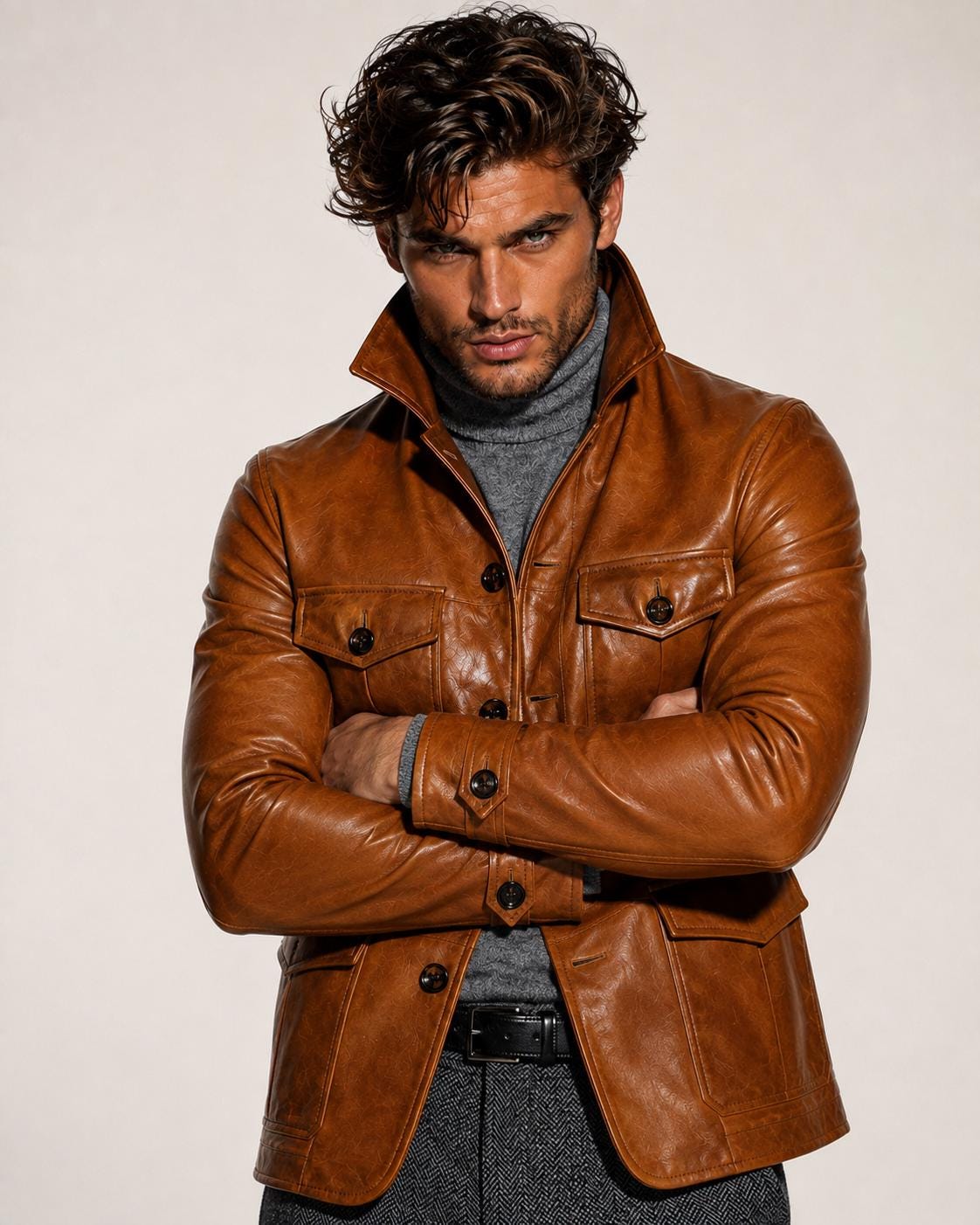 Handmade Cognac Sheep Leather Field Jacket - Men's Safari Style