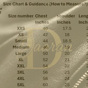 May include: A size chart and guidance table titled Size Chart & Guidance (How to Measure?) with columns for recommended chest size, size number, chest, shoulder, length, and sleeves in inches, featuring a large letter D watermark on a textured background.