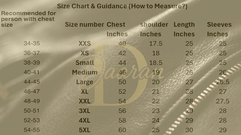 May include: A size chart and guidance table titled Size Chart & Guidance (How to Measure?) with columns for recommended chest size, size number, chest, shoulder, length, and sleeves in inches, featuring a large letter D watermark on a textured background.
