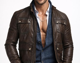 Chaqueta de piel de oveja marrón para hombre, chaqueta de motorista ajustada, piel envejecida vintage, Daaran VYRAEL