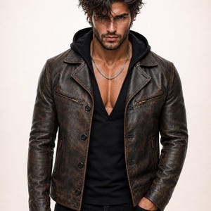 May include: A dark brown distressed leather jacket with a notched collar, button-front closure, and zippered chest pockets. The jacket is worn over a black hooded shirt with a deep V-neckline and a silver chain necklace, paired with black trousers.