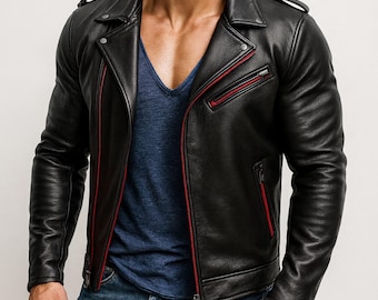 May include: Black leather jacket with red zipper accents. The jacket features a classic biker style with a notched collar, shoulder epaulets, and zippered pockets. The jacket is a sleek, stylish outerwear piece.
