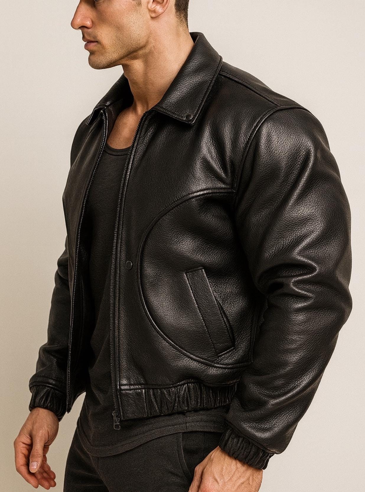 Men's Black Sheep Leather Bomber Jacket: Cropped Relaxed Fit