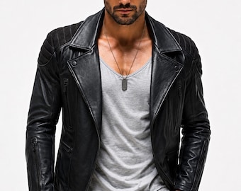 Men's Black Sheep Leather Biker Jacket - Slim Fit Moto Outerwear