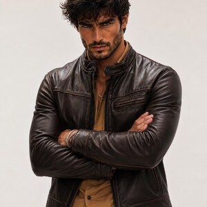 May include: A dark brown leather jacket with a stand-up collar, a front zip fastening, and a chest pocket. The jacket features visible stitching details along the seams and is worn over a tan button-down shirt with a silver chain necklace.
