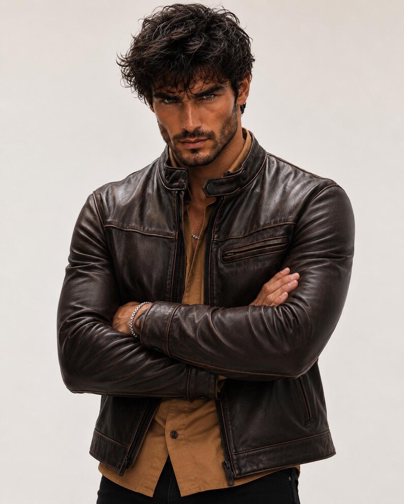 May include: A dark brown leather jacket with a stand-up collar, a front zip fastening, and a chest pocket. The jacket features visible stitching details along the seams and is worn over a tan button-down shirt with a silver chain necklace.
