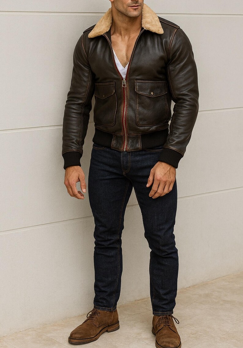 Puede incluir: Chaqueta de cuero marr&oacute;n con cuello de borrego beige, dos bolsillos delanteros y cremallera roja. La chaqueta se combina con vaqueros azul oscuro y botas de cuero marr&oacute;n. La chaqueta tiene un dobladillo y pu&ntilde;os negros acanalados.