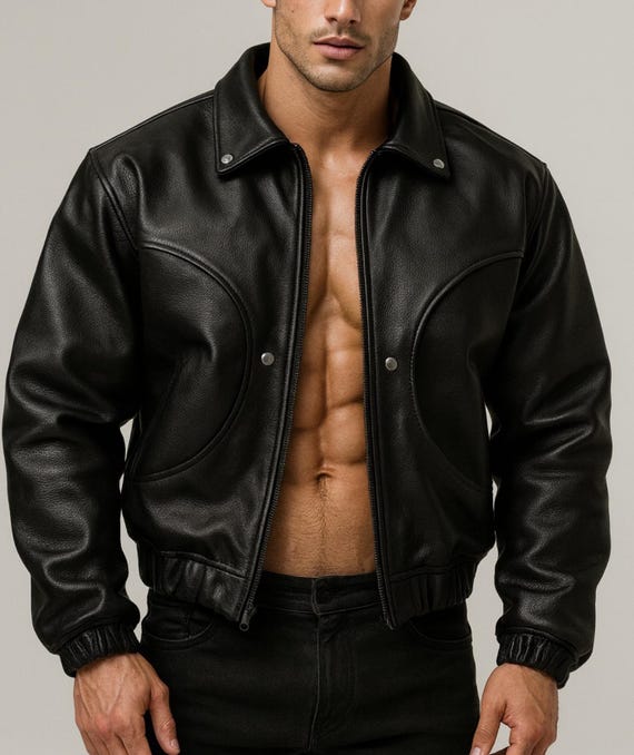 Men's Black Sheep Leather Bomber Jacket: Cropped Relaxed Fit