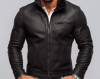 Men's Black Shearling Leather Jacket: Luxe Sheep Leather Outerwear