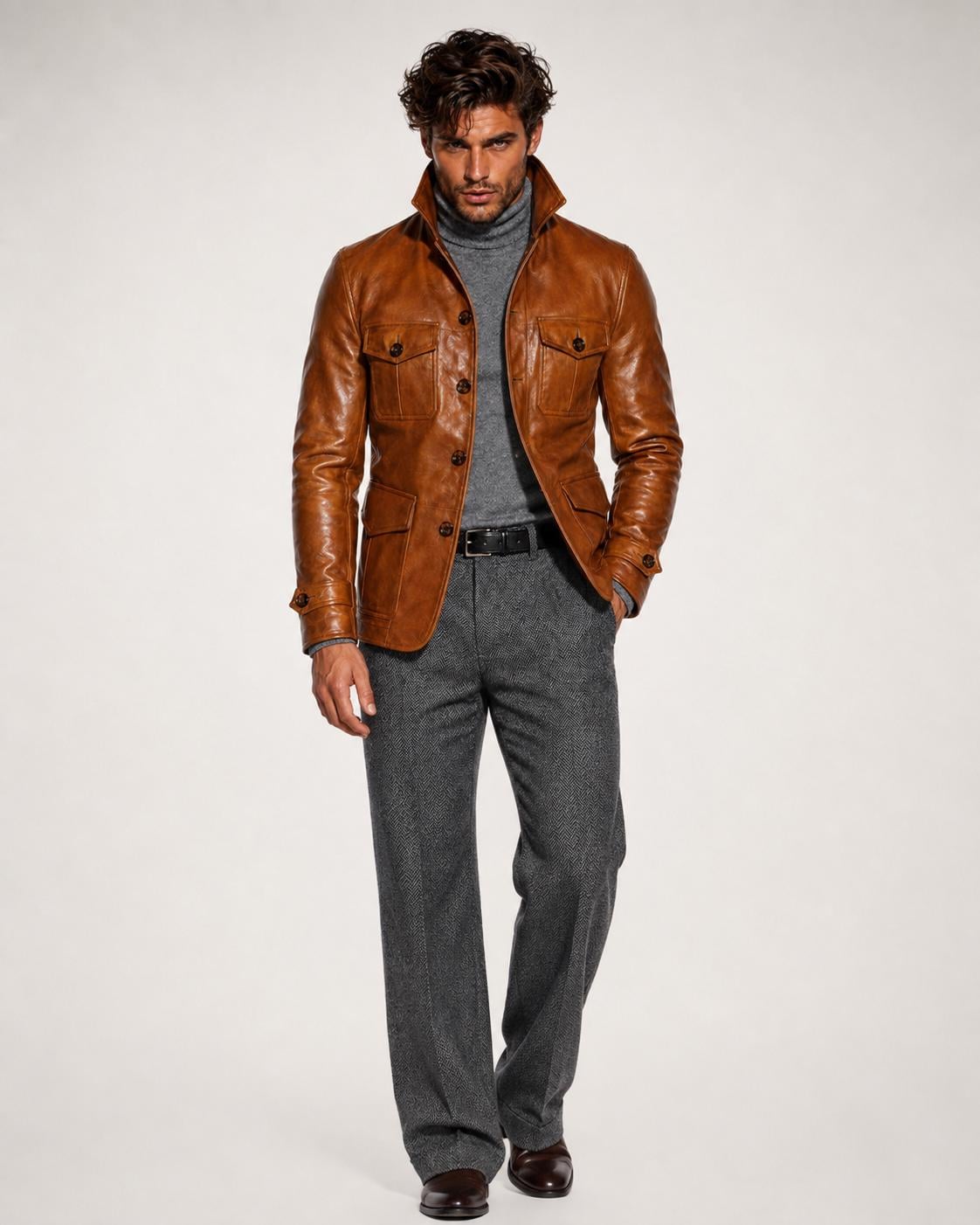 Handmade Cognac Sheep Leather Field Jacket - Men's Safari Style
