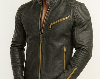 Chaqueta de motociclista de piel de oveja verde desgastada: cremalleras doradas, corte moderno