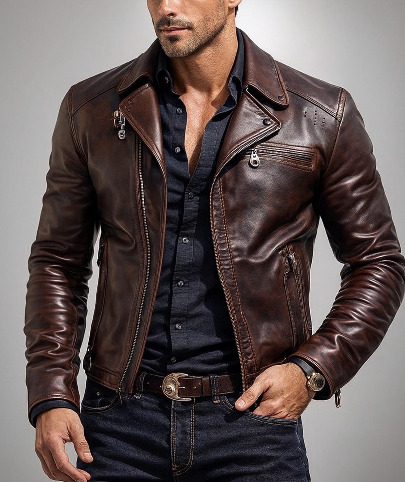 Vintage Cognac Sheep Leather Moto Jacket – Slim Fit, Handcrafted