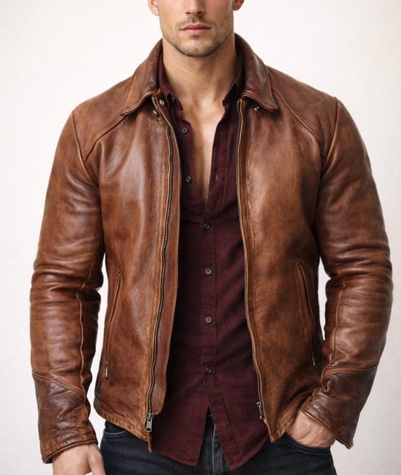 Brown Cowhide Leather Cafe Racer Jacket - Minimalist Style