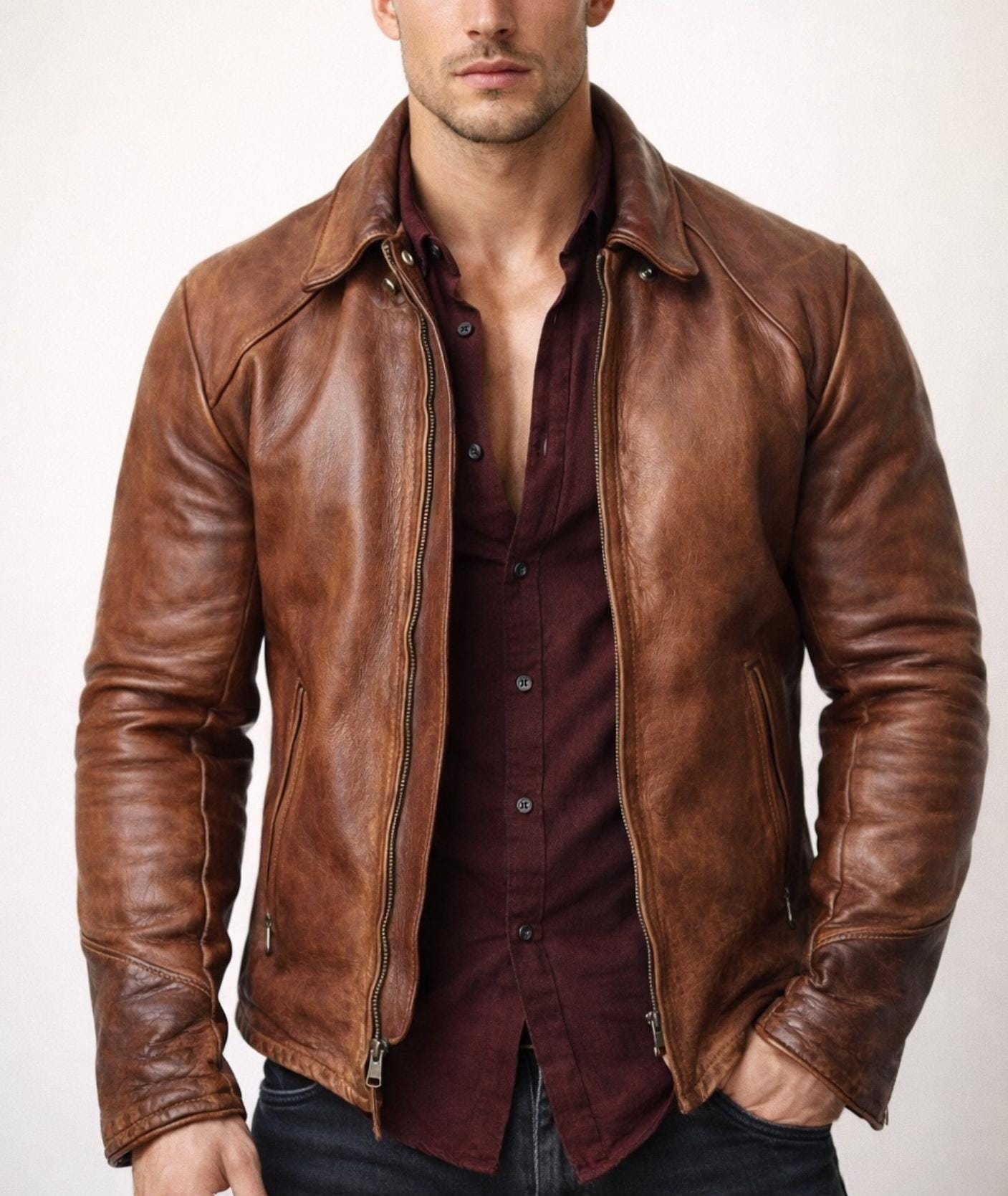 Brown Cowhide Leather Cafe Racer Jacket - Minimalist Style