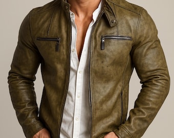 Olive Brown Sheep Leather Biker Jacket - Slim Fit Designer Outerwear