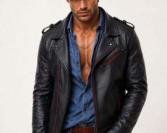 Men's Black Sheep Leather Biker Jacket: Red Zipper Accents, Modern Fit