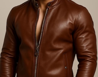 Men's Slim Fit Leather Moto Jacket: Chestnut Brown Full-Grain Sheepskin