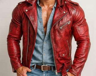 Distressed Red Sheep Leather Biker Jacket: Slim Fit Moto Jacket