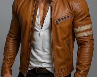 Tan Leather Racer Jacket: Full-Grain Cowhide Slim Fit Biker - Daaran El Toro