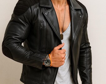 Men's Black Sheep Leather Biker Jacket - Slim Fit Moto Outerwear