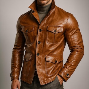 Puede incluir: Chaqueta de cuero marrón con cuatro bolsillos delanteros y botones negros. La chaqueta tiene cuello y puños abotonados. El modelo lleva un cuello alto verde y pantalones grises.