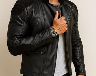 Men's Black Sheep Leather Biker Jacket - Slim Fit Moto Outerwear