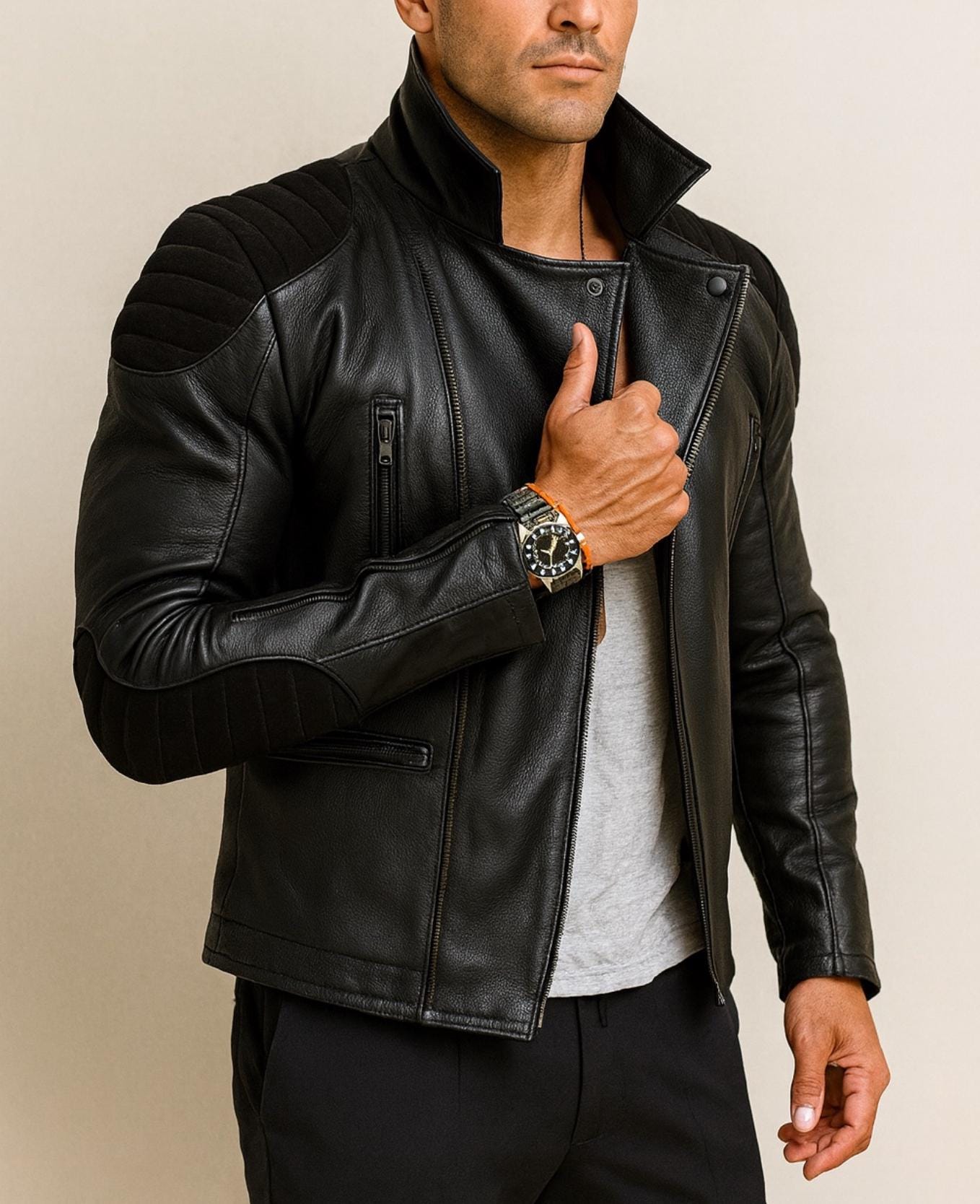 【か】KOWGA Black Sheep Leather Jacket Men's Black Sheep Leather Biker Jacket - Slim Fit Moto Outerwear