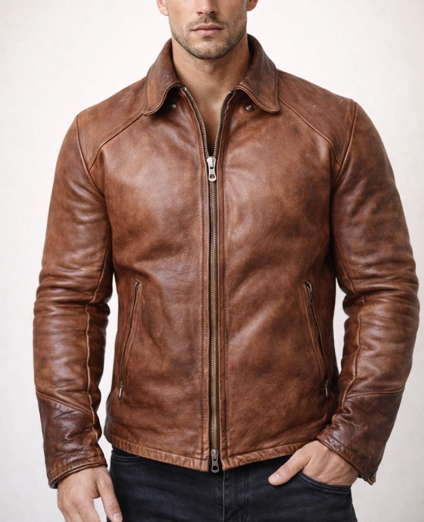 Brown Cowhide Leather Cafe Racer Jacket - Minimalist Style