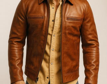 メンズ キャメル カウハイドレザー モトジャケット：スリムフィット