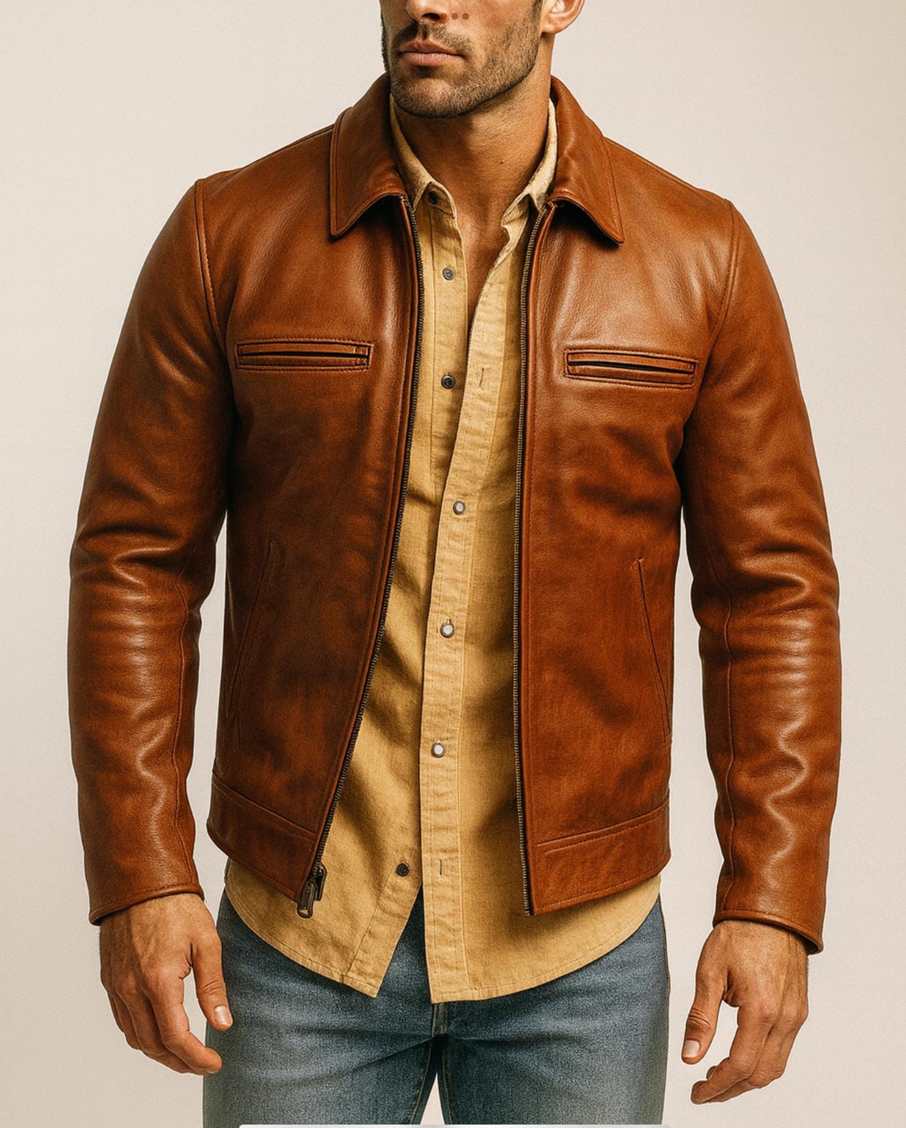 カウハイド スリムフィット ボンバージャケット メンズ キャメル カウハイドレザー モトジャケット：スリムフィット