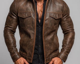 Distressed Brown Leather Cafe Racer Jacket: Vintage Biker Style
