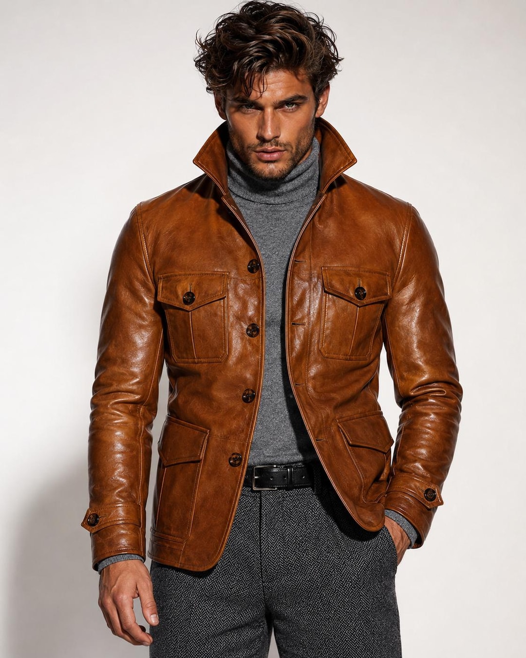 Handmade Cognac Sheep Leather Field Jacket - Men's Safari Style