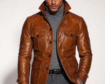 Handmade Cognac Sheep Leather Field Jacket - Men's Safari Style Outerwear - Arvell