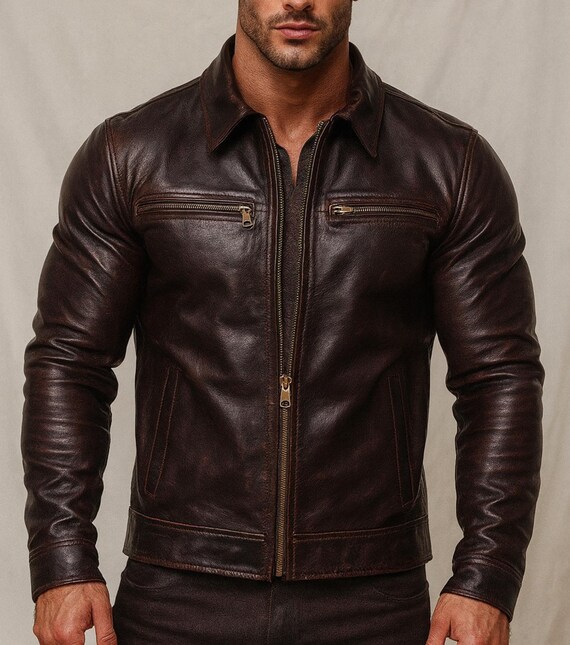 Distressed Brown Sheepskin Leather Moto Jacket: Urban Biker Style