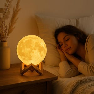 Peut inclure: Une veilleuse en forme de lune jaune avec un support en bois. La lumière est allumée et éclaire une chambre à coucher avec une personne endormie dans le lit.