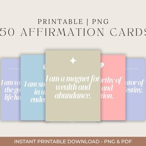 50 carte di manifestazione e affermazione stampabili – Io sono, denaro, successo, amore – Legge di attrazione, cura di sé, download digitale, bacheca dei desideri
