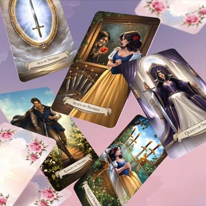 May include: A selection of tarot cards with fantasy illustrations. The cards show swords, a mirror, and characters in different scenes. The cards are labelled with titles including "Ace of Swords" and "Seven of Swords."