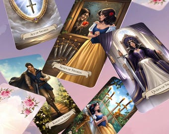 May include: A collection of tarot cards featuring fantasy art. The cards display images of swords, a mirror, and characters in various scenes. The cards are labeled with titles such as "Ace of Swords" and "Seven of Swords."