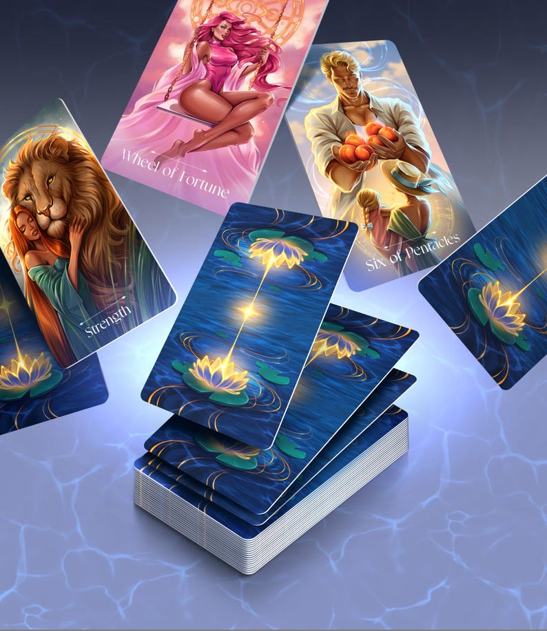 May include: A deck of tarot cards with illustrations of figures and symbols. The cards feature images of a woman on a swing, a man holding oranges, a lion, and a lotus flower. The cards are blue with gold accents and are arranged on a blue surface.
