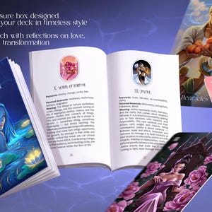 May include: A tarot deck with a guidebook, featuring illustrations of figures and symbols. The guidebook is open, displaying text and images. Several tarot cards are visible, with images of people and symbols. The text reads "Magnetic closure box designed to showcase your deck in timeless style."