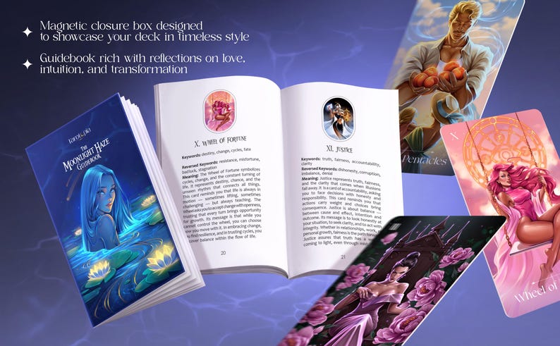 May include: A tarot deck with a guidebook, featuring illustrations of figures and symbols. The guidebook is open, displaying text and images. Several tarot cards are visible, with images of people and symbols. The text reads "Magnetic closure box designed to showcase your deck in timeless style."