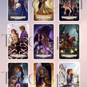 May include: A tarot card deck featuring illustrations from the story of Beauty and the Beast. The cards are labeled "Wands" and depict various scenes and characters, including a red rose, Belle, and the Beast. The deck is designed with a fantasy theme.