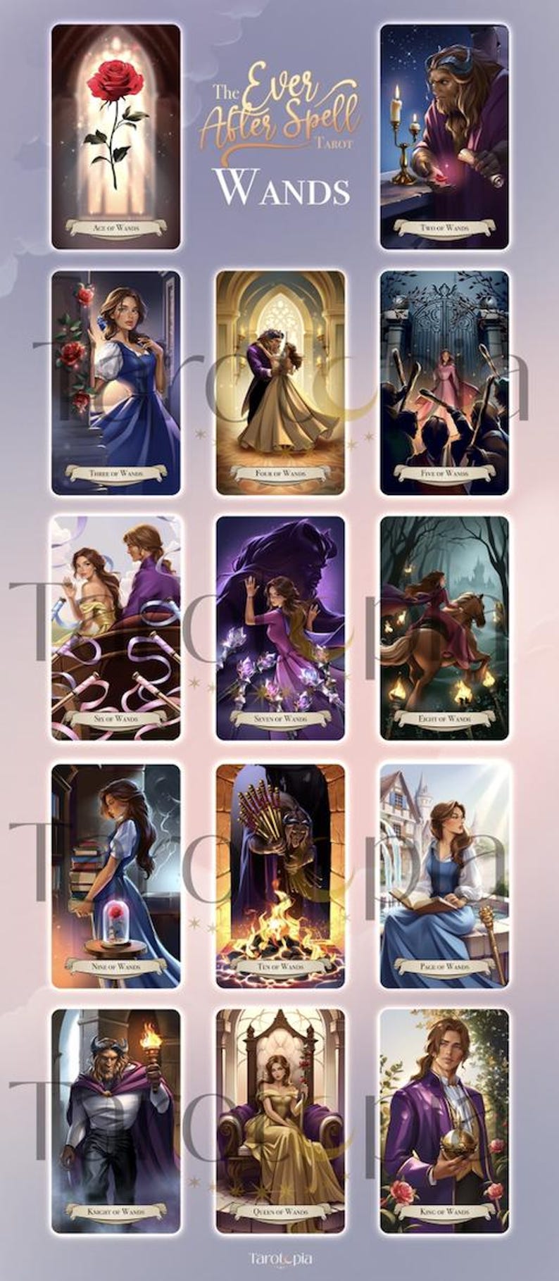 May include: A tarot card deck featuring illustrations from the story of Beauty and the Beast. The cards are labeled "Wands" and depict various scenes and characters, including a red rose, Belle, and the Beast. The deck is designed with a fantasy theme.