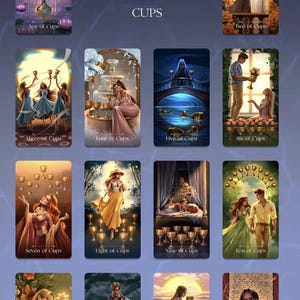 May include: A set of tarot cards depicting the Minor Arcana suit of Cups. Each card features detailed illustrations with figures, cups, and symbolic imagery. The cards are arranged in a grid, showcasing the Ace through King.
