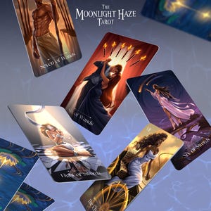 May include: A selection of tarot cards from "The Moonlight Haze Tarot" deck, showcasing various illustrations. The cards are labelled with titles including "Seven of Wands," "Six of Wands," "Light of Swords," "The Chariot," and "Six of Swords."
