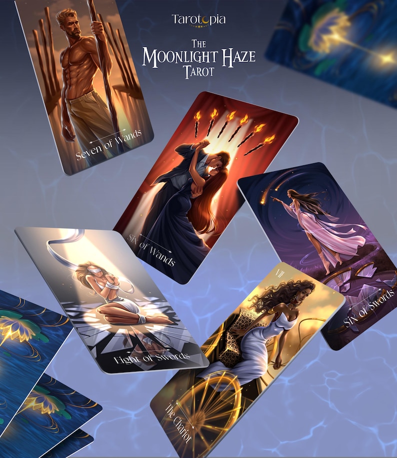 May include: A selection of tarot cards from "The Moonlight Haze Tarot" deck, showcasing various illustrations. The cards are labelled with titles including "Seven of Wands," "Six of Wands," "Light of Swords," "The Chariot," and "Six of Swords."